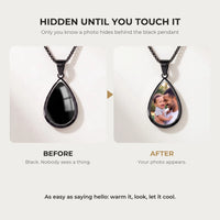 Thumbnail for Before and after: the teardrop pendant of the black necklace turns from black to the hidden photo with the warmth of a touch | SKU: TPH-DRPN-BLACK