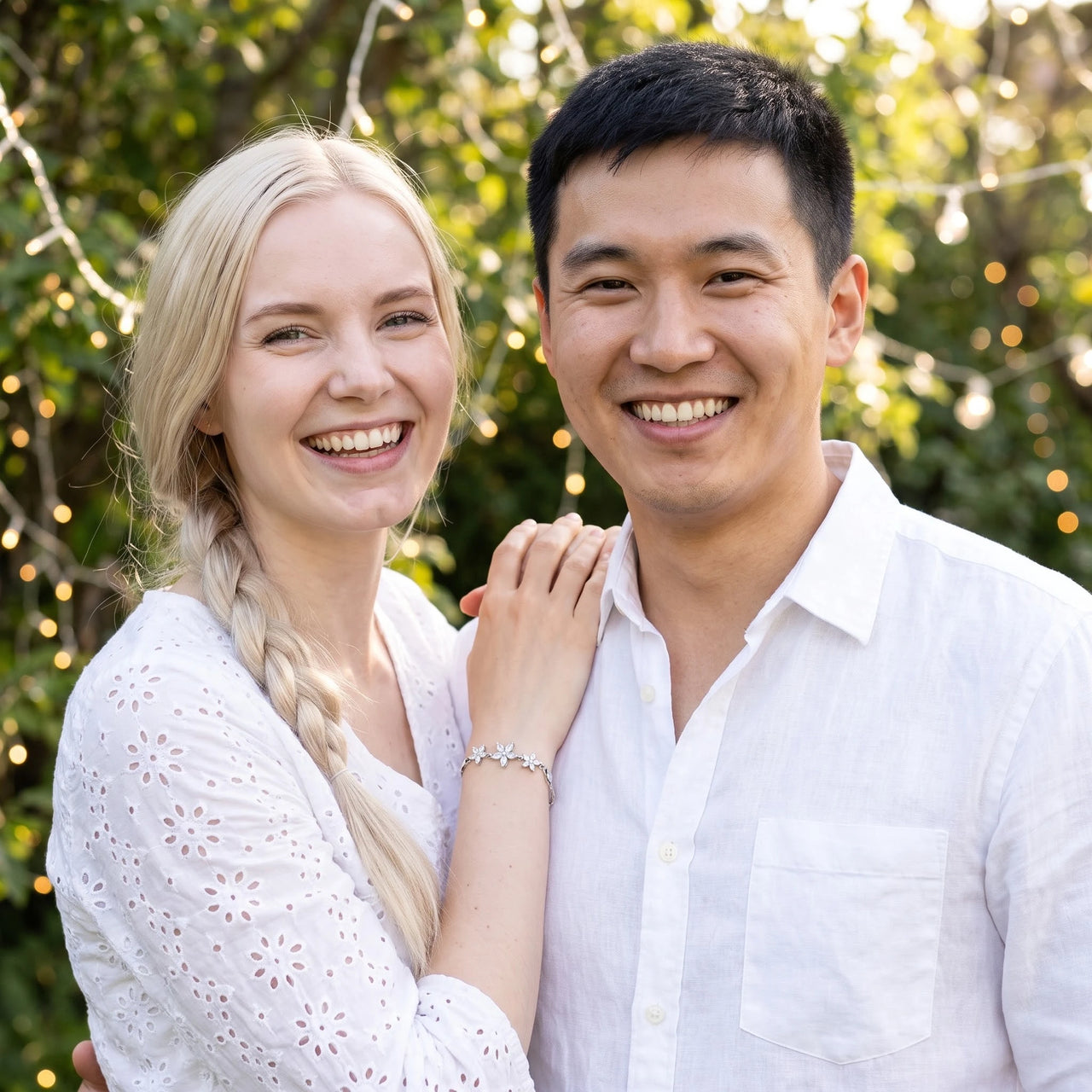 Flower bracelet — worn by a couple, silver | SKU: 422177-white-gold-XS-S