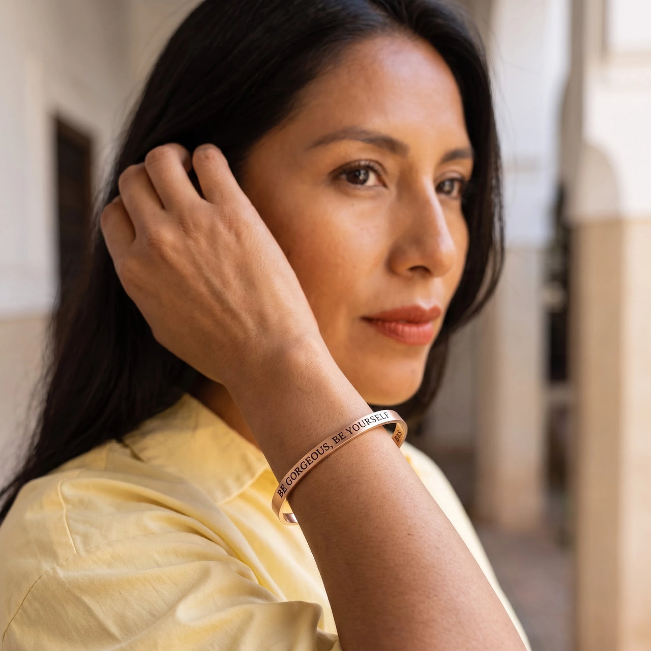 Inspirational bracelet — worn, everyday gesture, rose gold | SKU: bgby-rg
