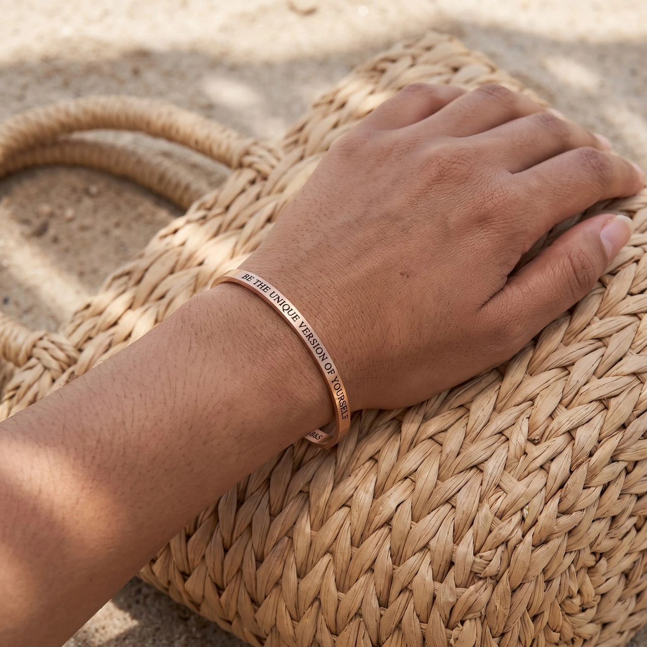 Open cuff bracelet — worn, real size, rose gold | SKU: btuvoy-rg