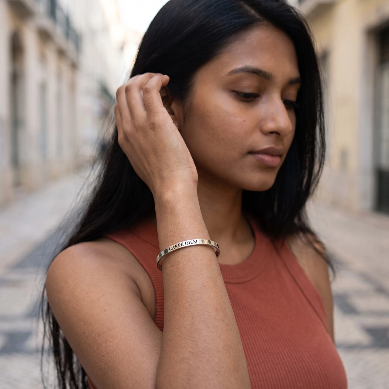 Mantra bracelet — worn, everyday gesture, silver | SKU: cp-wg