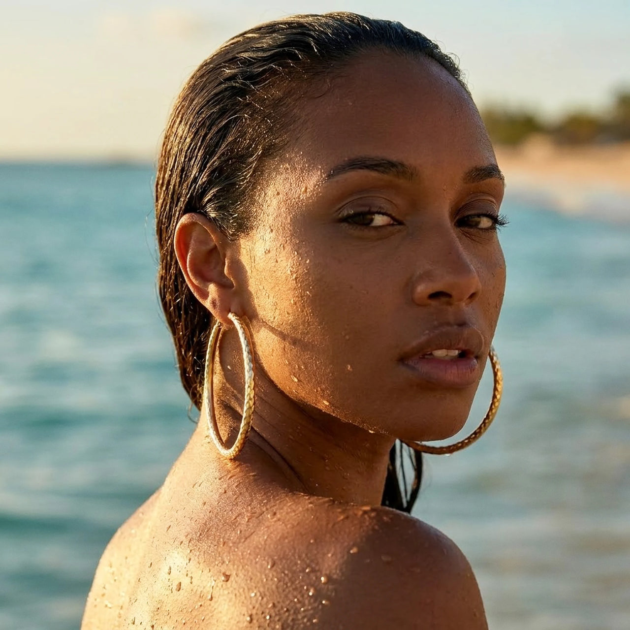 Diamond Cut Statement Hoops in Gold, worn in the sea, wet skin | SKU: 41009-gold