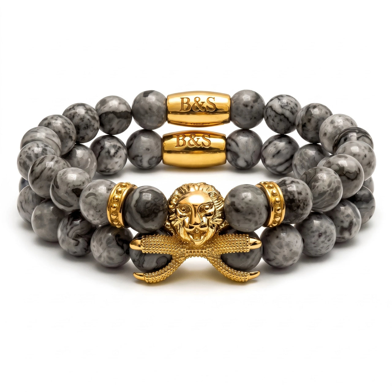 Gold Lion & Grey Stones Set – studio packshot | Brother & Sisters | SKU: 21039839SET-gold-XS-14-15, 21039839SET-gold-S-16-17, 21039839SET-gold-M-18-19, 21039839SET-gold-L-20-21, 21039839SET-gold-XL-22-23