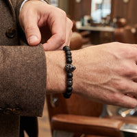 Thumbnail for Black Lion & Black Stones Bracelet – worn with a shirt cuff | Brother & Sisters | SKU: 20712286-gun-black-XS-14-15, 20712286-gun-black-S-16-17, 20712286-gun-black-M-18-19, 20712286-gun-black-L-20-21, 20712286-gun-black-XL-22-23