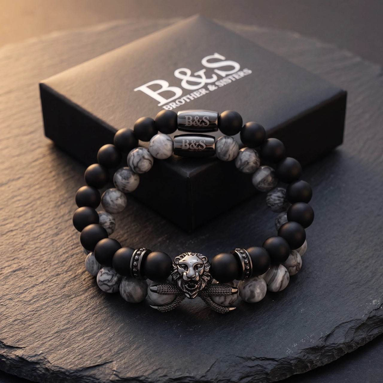 Black Lion with Black & Grey Stones Set – in the Brother & Sisters gift box | Brother & Sisters | SKU: 21369621-gun-black-XS-14-15, 21369621-gun-black-S-16-17, 21369621-gun-black-M-18-19, 21369621-gun-black-L-20-21, 21369621-gun-black-XL-22-23