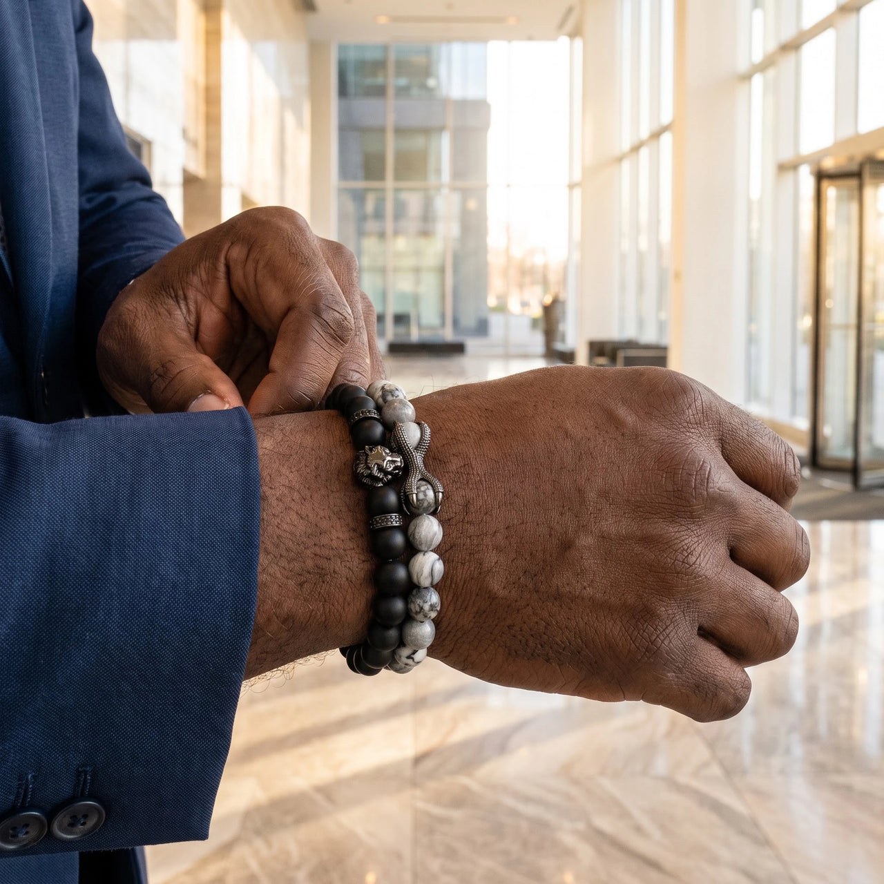 Black Lion with Black & Grey Stones Set – worn with a shirt cuff | Brother & Sisters | SKU: 21369621-gun-black-XS-14-15, 21369621-gun-black-S-16-17, 21369621-gun-black-M-18-19, 21369621-gun-black-L-20-21, 21369621-gun-black-XL-22-23