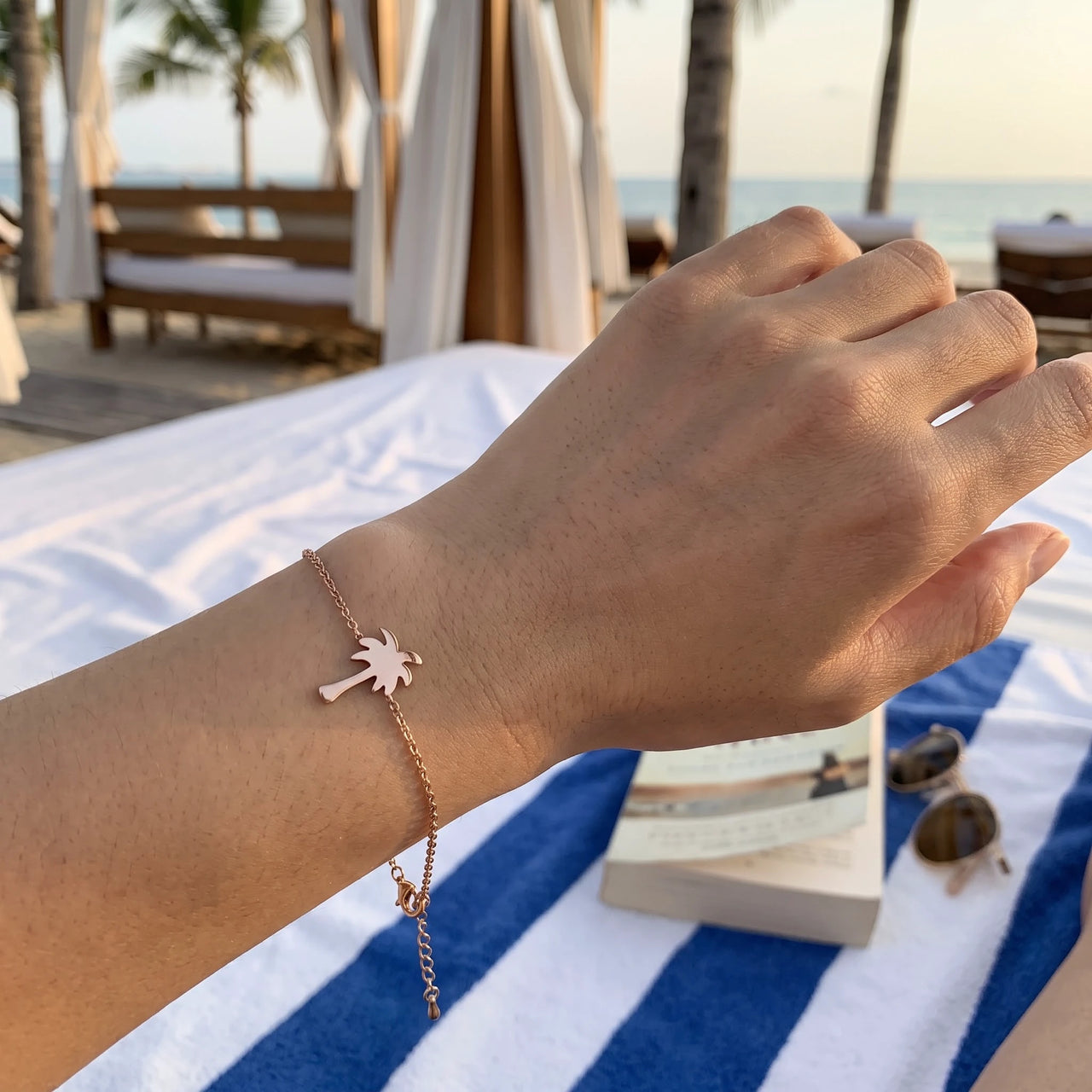 Palm tree bracelet — worn, real size, rose gold | SKU: 7819407-rose-gold-color