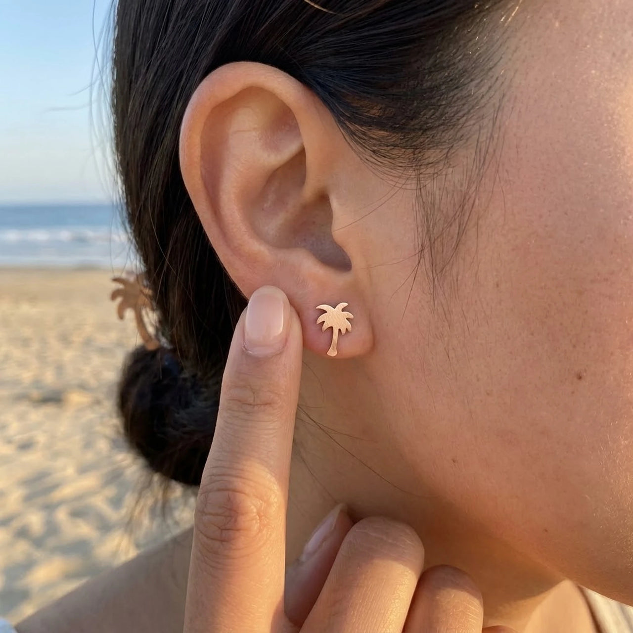 Palm tree earrings — worn, real size, rose gold | SKU: 10287609-rose-gold-color