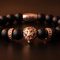 Thumbnail for Rose Gold Lion & Black Stones Bracelet – macro detail of the lion head | Brother & Sisters | SKU: 20712286-rose-gold-XS-14-15, 20712286-rose-gold-S-16-17, 20712286-rose-gold-M-18-19, 20712286-rose-gold-L-20-21, 20712286-rose-gold-XL-22-23