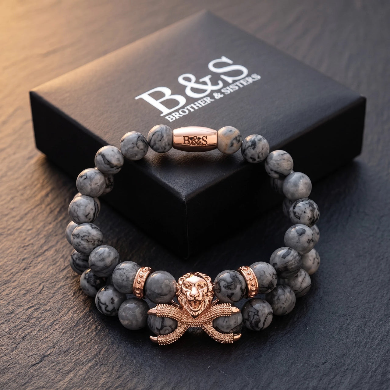 Rose Gold Lion & Grey Stones Set – in the Brother & Sisters gift box | Brother & Sisters | SKU: 21039839SET-rose-gold-XS-14-15, 21039839SET-rose-gold-S-16-17, 21039839SET-rose-gold-M-18-19, 21039839SET-rose-gold-L-20-21, 21039839SET-rose-gold-XL-22-23