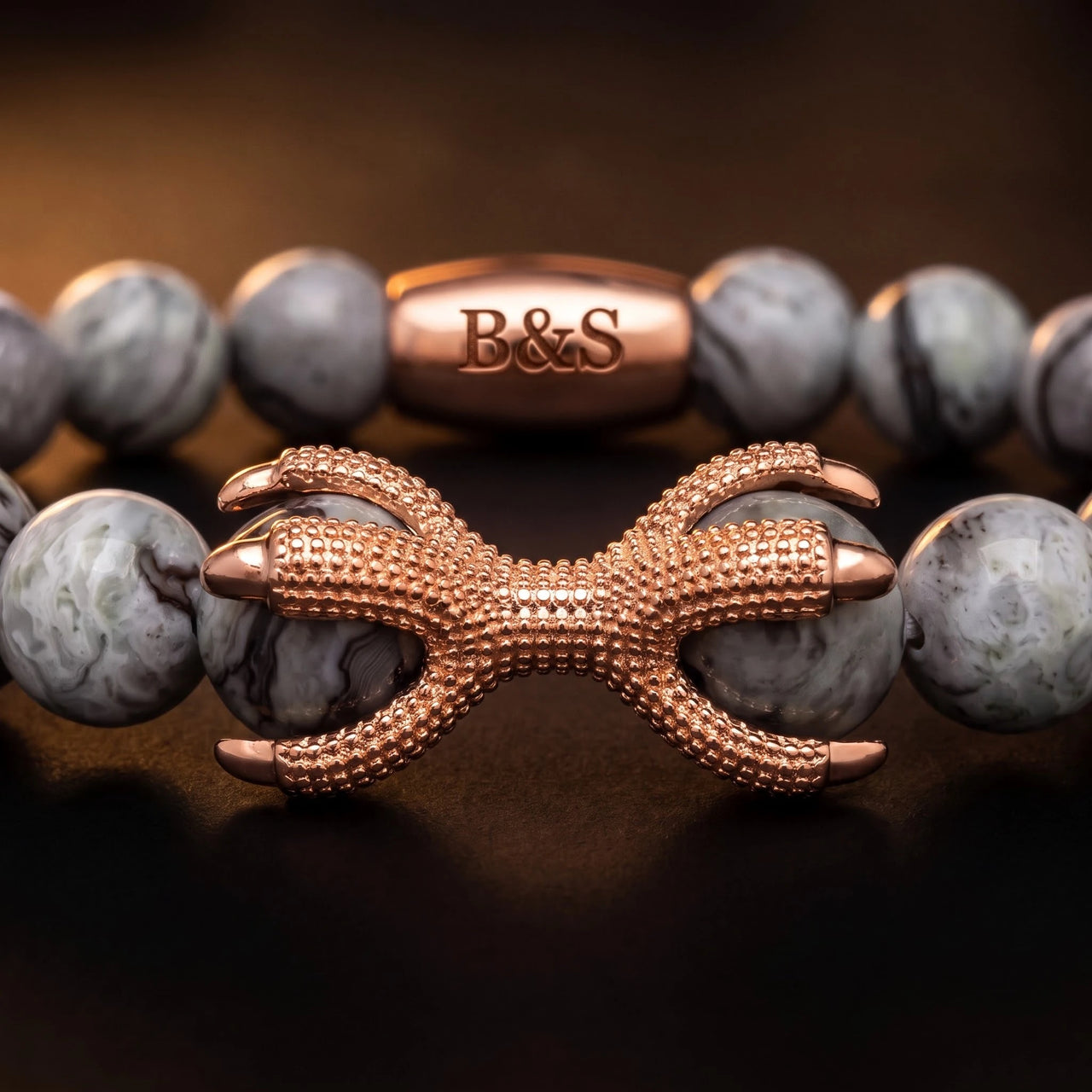 Rose Gold Viking & Grey Stones – macro close-up | Brother & Sisters | SKU: 21039839-rose-gold-XS-14-15, 21039839-rose-gold-S-16-17, 21039839-rose-gold-M-18-19, 21039839-rose-gold-L-20-21, 21039839-rose-gold-XL-22-23