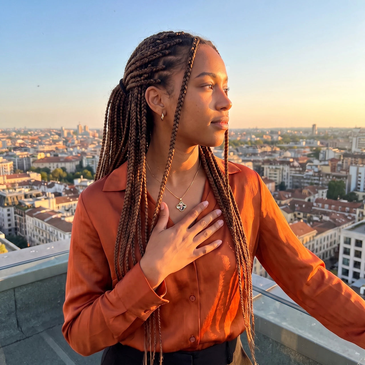 Woman with long braids on a rooftop at sunset, hand on her heart, wearing the gold secret clover photo necklace | SKU: TPH-CLVN-GOLD
