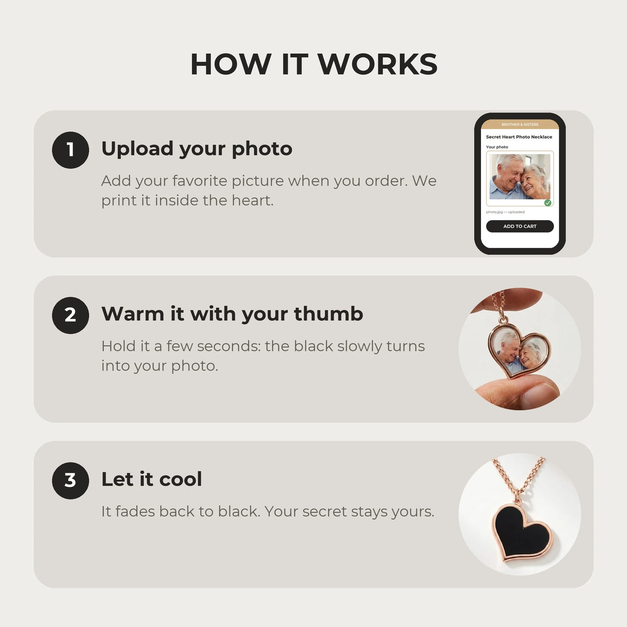 How it works: upload your photo, warm the heart with your thumb, let it cool back to black | SKU: TPH-HRTN-ROSEGOLD