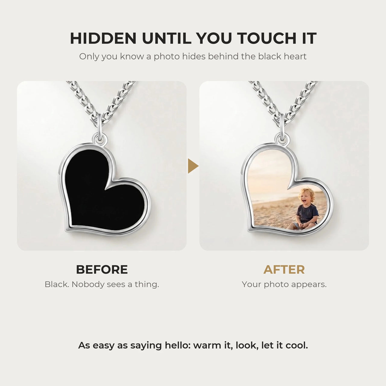 Before and after: black silver heart pendant, then the photo revealed by warmth | SKU: TPH-HRTN-SILVER
