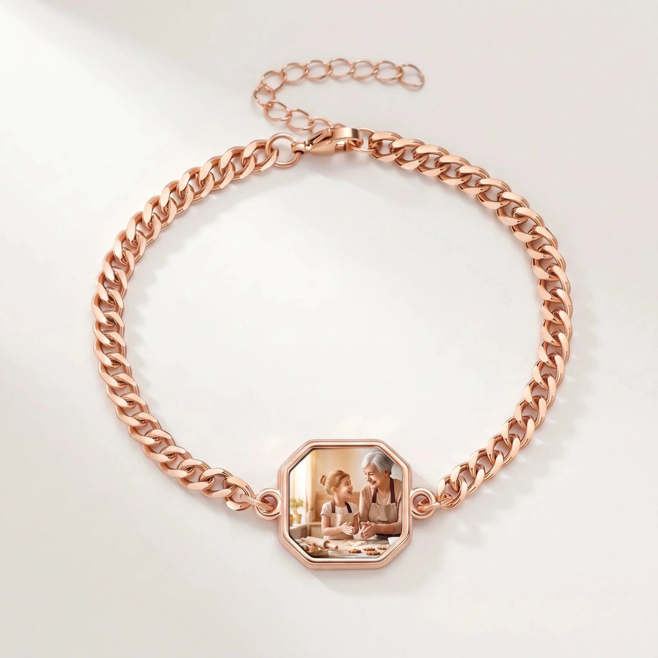 Secret Octagon Photo Bracelet in rose gold, octagon charm on a curb chain with the hidden photo revealed by warmth | SKU: TPH-OCTB-ROSEGOLD-18