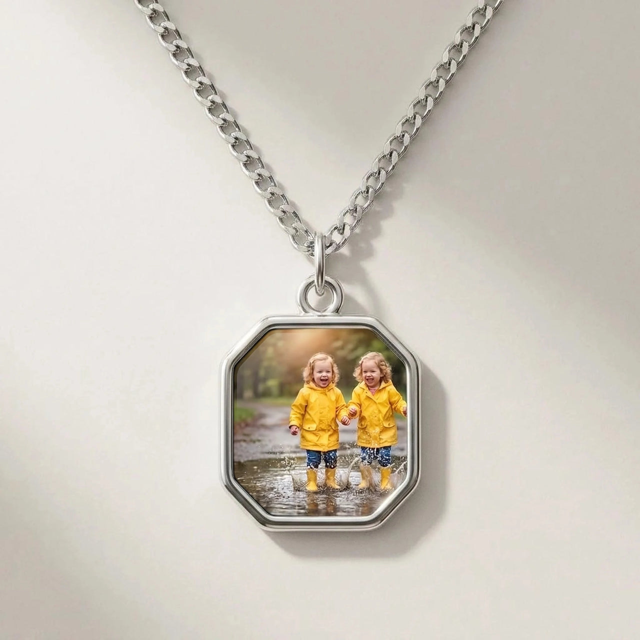 Secret Octagon Photo Necklace in silver, black octagon pendant turning into a hidden photo when warmed | SKU: TPH-OCTN-SILVER