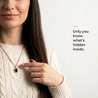 Thumbnail for Woman wearing the black rose gold oval pendant, only she knows the photo inside | SKU: TPH-OVLN-ROSEGOLD