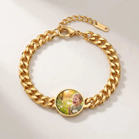 Thumbnail for Secret Round Photo Bracelet in gold, round charm on a curb chain with the hidden photo revealed by warmth | SKU: TPH-RNDB-GOLD