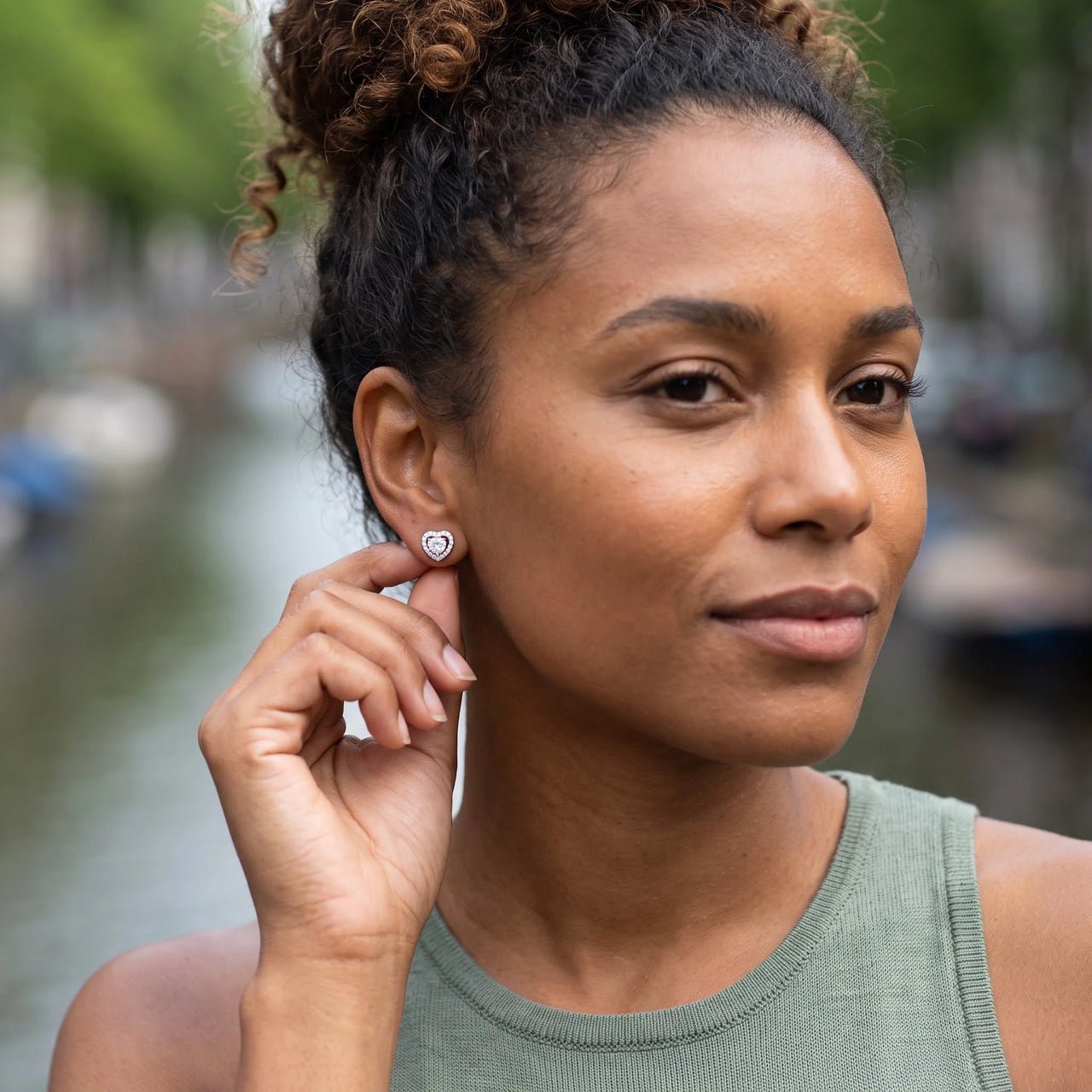 Silver heart earrings — worn, everyday gesture, silver | SKU: 1953493