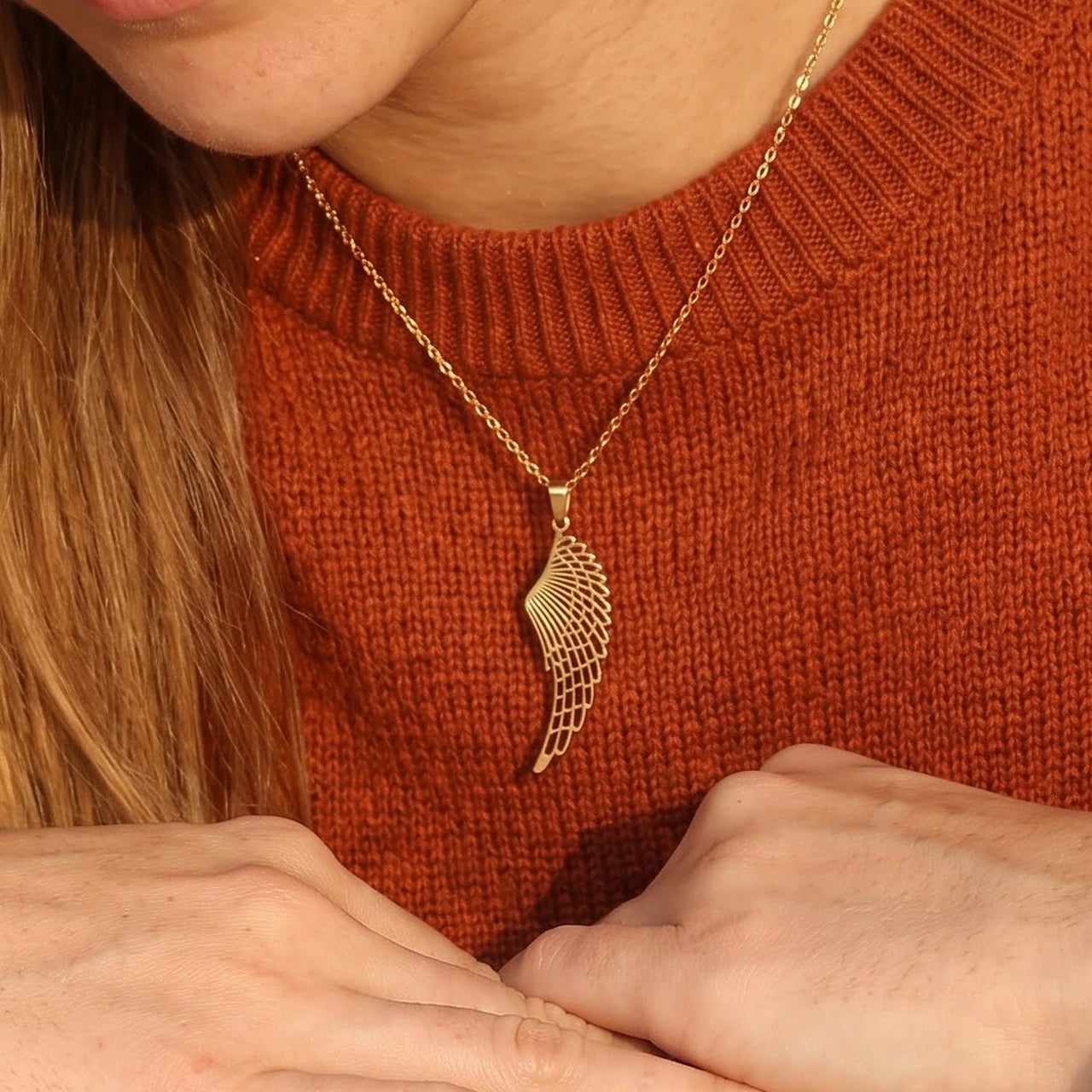 The gold necklace worn, close-up | SKU: 42003-gold
