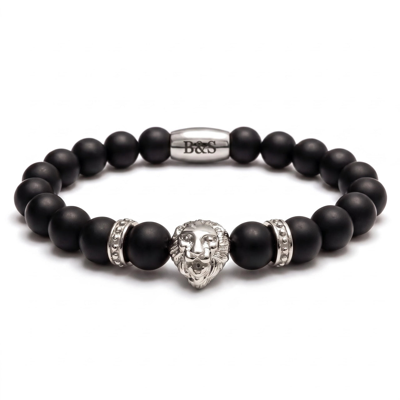 White Gold Lion & Black Stones Bracelet – studio packshot | Brother & Sisters | SKU: 20712286-silver-XS-14-15, 20712286-silver-S-16-17, 20712286-silver-M-18-19, 20712286-silver-L-20-21, 20712286-silver-XL-22-23